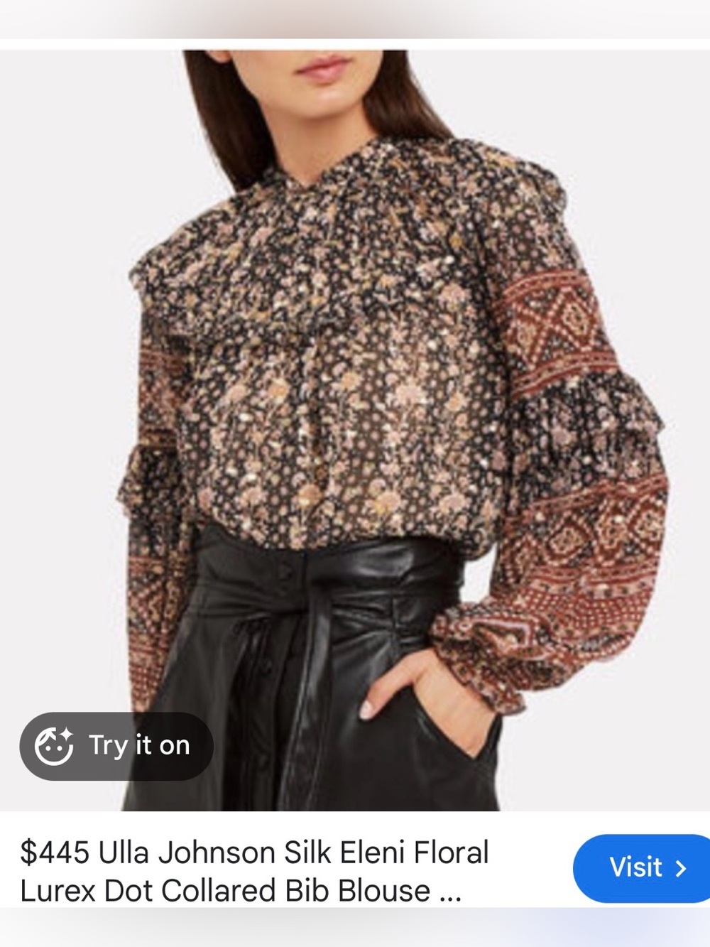 Ulla Johnson Silk Eleni Floral Lurex Dot Collared Bib Blouse Size 2